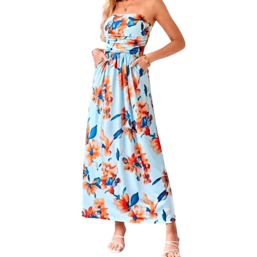 Grace Karin Blue Orange Floral Maxi Dress M Tropical Resort Ethereal Beach Vaca